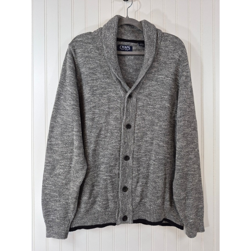 Chaps Mens Grey Marl Shawl Collar Cardigan Sweater Elbow Patches 100% Cotton M